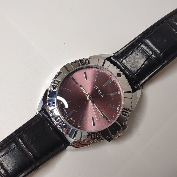 Silver Tone And Pink Strada Watch With Black Band - Picture 2 of 8